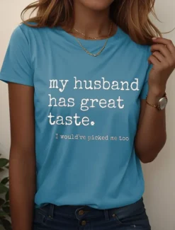 Online Women's Funny T Shirt Graphic Letter Stylish Casual Short Sleeve Round Neck Regular Tops Daily Weekend Print Black Blue Purple Summer Spring Women T-Shirts