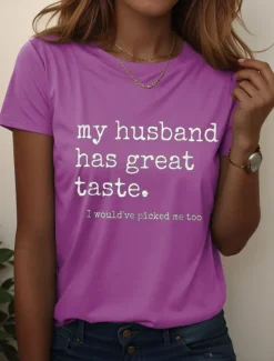 Online Women's Funny T Shirt Graphic Letter Stylish Casual Short Sleeve Round Neck Regular Tops Daily Weekend Print Black Blue Purple Summer Spring Women T-Shirts
