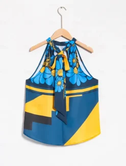 Clearance Women's Geometic Flower / Plants Vacation Weekend Sleeveless Ruched Tie back / Tie front Sleeveless Blouses Tied Neck Summer Women Tank Tops & Camis