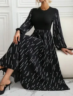 Hot Women's Geometric Crew Neck Midi Dress Long Sleeve Spring Fall Women Cocktail Dress
