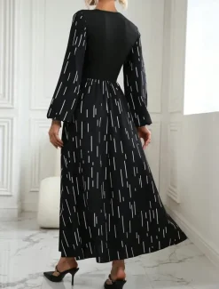 Hot Women's Geometric Crew Neck Midi Dress Long Sleeve Spring Fall Women Cocktail Dress