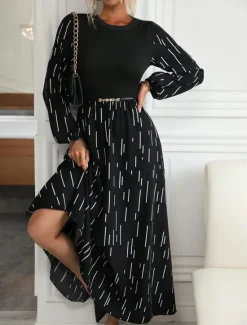 Hot Women's Geometric Crew Neck Midi Dress Long Sleeve Spring Fall Women Cocktail Dress