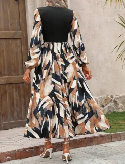 Hot Women's Geometric Crew Neck Midi Dress Long Sleeve Spring Fall Women Cocktail Dress