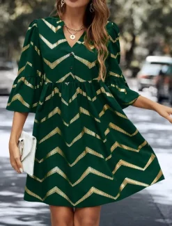 Sale Women's Geometric Notched Neck Mini Dress 3/4 Length Sleeve Summer Spring Women Work Dresses