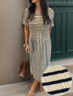 Outlet Women's Geometric Pleated Stripe Crew Neck Midi Dress Summer Spring Women Casual Dress