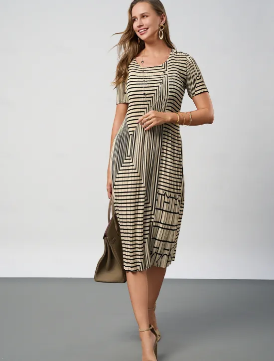 Outlet Women's Geometric Pleated Stripe Crew Neck Midi Dress Summer Spring Women Casual Dress