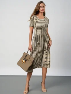 Outlet Women's Geometric Pleated Stripe Crew Neck Midi Dress Summer Spring Women Casual Dress