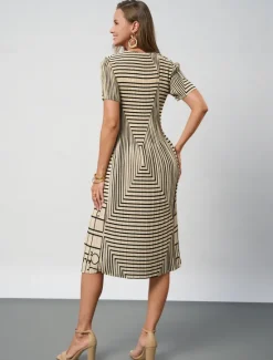 Outlet Women's Geometric Pleated Stripe Crew Neck Midi Dress Summer Spring Women Casual Dress