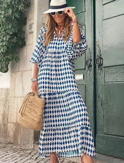 Clearance Women's Geometric Print V Neck Lantern Sleeve Maxi Dress Casual Daily Vacation 3/4 Length Sleeve Summer Spring Women Vacation Dresses