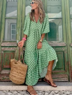 Clearance Women's Geometric Print V Neck Lantern Sleeve Maxi Dress Casual Daily Vacation 3/4 Length Sleeve Summer Spring Women Vacation Dresses