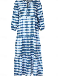 Clearance Women's Geometric Print V Neck Lantern Sleeve Maxi Dress Casual Daily Vacation 3/4 Length Sleeve Summer Spring Women Vacation Dresses