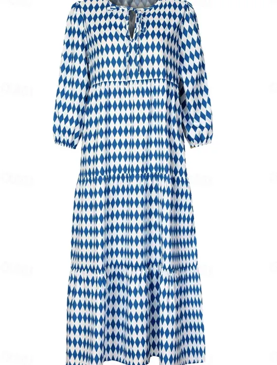 Clearance Women's Geometric Print V Neck Lantern Sleeve Maxi Dress Casual Daily Vacation 3/4 Length Sleeve Summer Spring Women Vacation Dresses