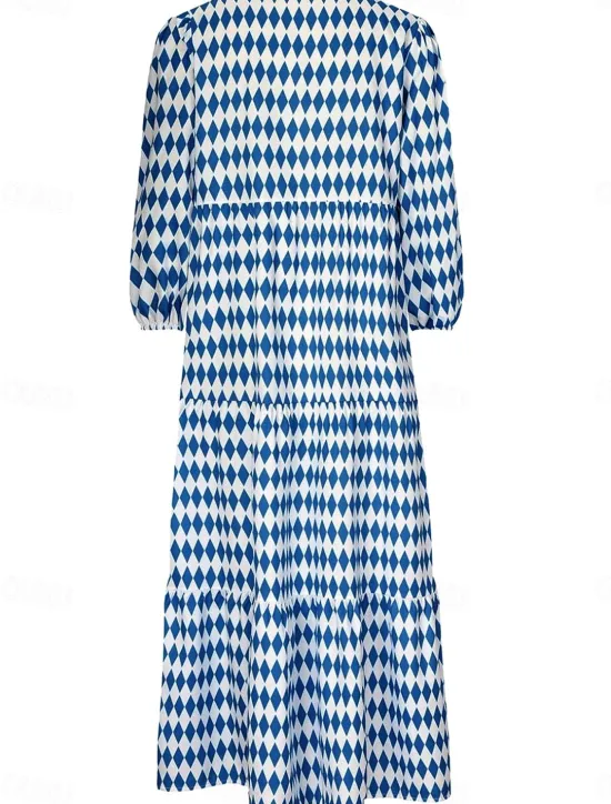 Clearance Women's Geometric Print V Neck Lantern Sleeve Maxi Dress Casual Daily Vacation 3/4 Length Sleeve Summer Spring Women Vacation Dresses