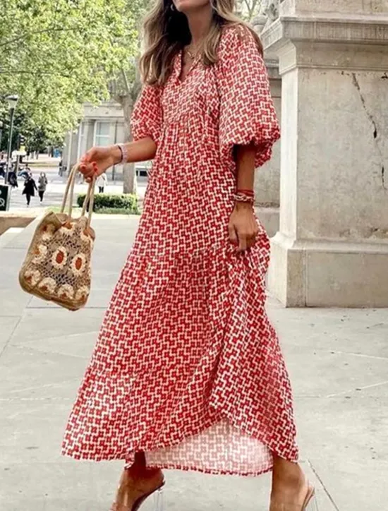 Clearance Women's Geometric Print V Neck Lantern Sleeve Maxi Dress Casual Daily Vacation 3/4 Length Sleeve Summer Spring Women Vacation Dresses