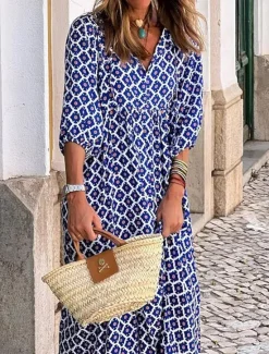 Clearance Women's Geometric Print V Neck Lantern Sleeve Maxi Dress Casual Daily Vacation 3/4 Length Sleeve Summer Spring Women Vacation Dresses