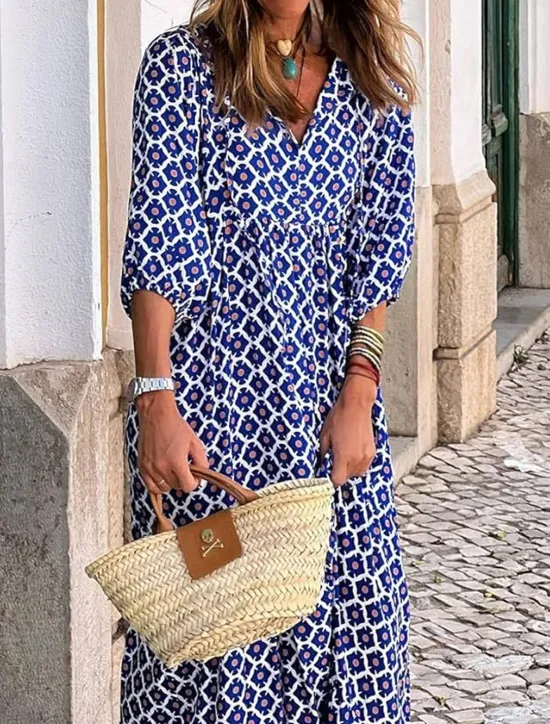 Clearance Women's Geometric Print V Neck Lantern Sleeve Maxi Dress Casual Daily Vacation 3/4 Length Sleeve Summer Spring Women Vacation Dresses