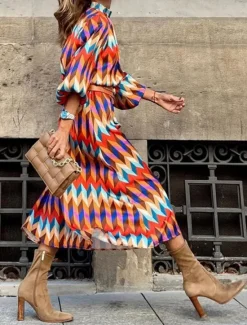 Discount Women's Geometric Stand Collar Maxi Dress Long Sleeve Summer Spring Women Spring Dresses|Casual Dress