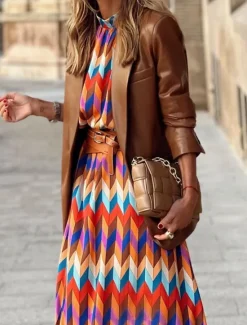 Discount Women's Geometric Stand Collar Maxi Dress Long Sleeve Summer Spring Women Spring Dresses|Casual Dress