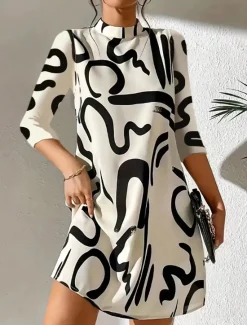 Best Women's Geometric Stand Collar Mini Dress 3/4 Length Sleeve Spring Fall Women Work Dresses