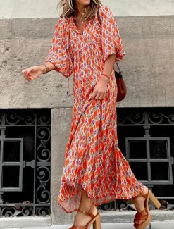 Clearance Women's Geometric V Neck Maxi Dress 3/4 Length Sleeve Summer Spring Women Floral Dresses