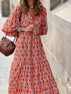 Clearance Women's Geometric V Neck Maxi Dress 3/4 Length Sleeve Summer Spring Women Floral Dresses