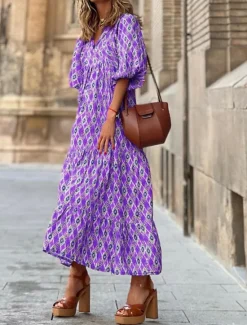Clearance Women's Geometric V Neck Maxi Dress 3/4 Length Sleeve Summer Spring Women Floral Dresses
