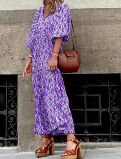 Clearance Women's Geometric V Neck Maxi Dress 3/4 Length Sleeve Summer Spring Women Floral Dresses