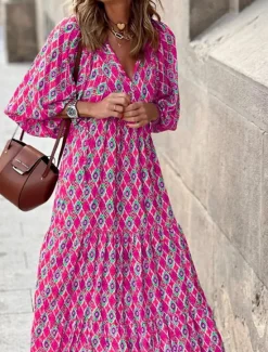 Clearance Women's Geometric V Neck Maxi Dress 3/4 Length Sleeve Summer Spring Women Floral Dresses
