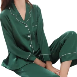 Best Women's Gift Pajamas Sets Home Party Daily Basic Pure Color Satin Simple Casual Soft Shirt Pant Fall Spring Summer Shirt Collar Long Sleeve Long Pant Buckle Pocket Home Outfits Women Pajama-Setter