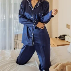 Best Women's Gift Pajamas Sets Home Party Daily Basic Pure Color Satin Simple Casual Soft Shirt Pant Fall Spring Summer Shirt Collar Long Sleeve Long Pant Buckle Pocket Home Outfits Women Pajama-Setter