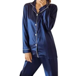Best Women's Gift Pajamas Sets Home Party Daily Basic Pure Color Satin Simple Casual Soft Shirt Pant Fall Spring Summer Shirt Collar Long Sleeve Long Pant Buckle Pocket Home Outfits Women Pajama-Setter