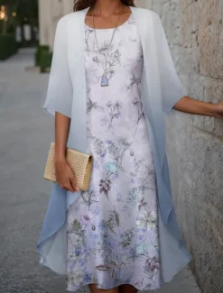 New Women's Graduation Dress Midi Dress Wedding Guest Cocktail Dress Chiffon Holiday Fashion Modern Print Casual Elegant Two Piece Dress Set Crew Neck Half Sleeve Floral Loose Fit Pink Spring Women Chiffon Dresses