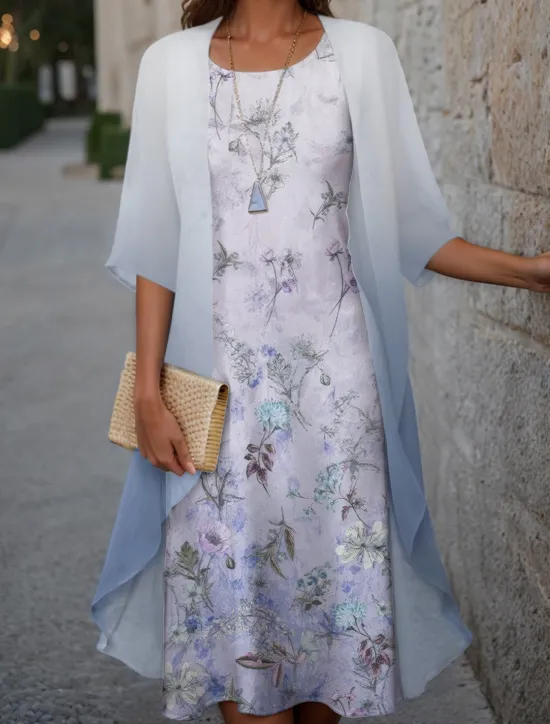 New Women's Graduation Dress Midi Dress Wedding Guest Cocktail Dress Chiffon Holiday Fashion Modern Print Casual Elegant Two Piece Dress Set Crew Neck Half Sleeve Floral Loose Fit Pink Spring Women Chiffon Dresses