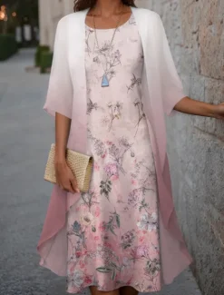 New Women's Graduation Dress Midi Dress Wedding Guest Cocktail Dress Chiffon Holiday Fashion Modern Print Casual Elegant Two Piece Dress Set Crew Neck Half Sleeve Floral Loose Fit Pink Spring Women Chiffon Dresses