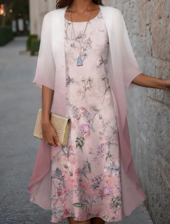 New Women's Graduation Dress Midi Dress Wedding Guest Cocktail Dress Chiffon Holiday Fashion Modern Print Casual Elegant Two Piece Dress Set Crew Neck Half Sleeve Floral Loose Fit Pink Spring Women Chiffon Dresses