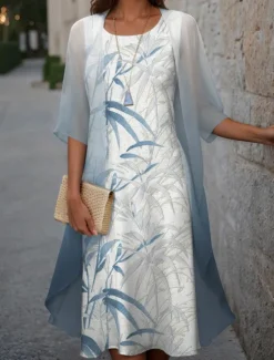 Clearance Women's Graduation Dress Midi Dress Two Piece Dress Set Wedding Guest Cocktail Dress Chiffon Outdoor Holiday Fashion Modern Print Casual Elegant Spring Crew Neck Half Sleeve Leaf Blue Green Gray Women Chiffon Dresses