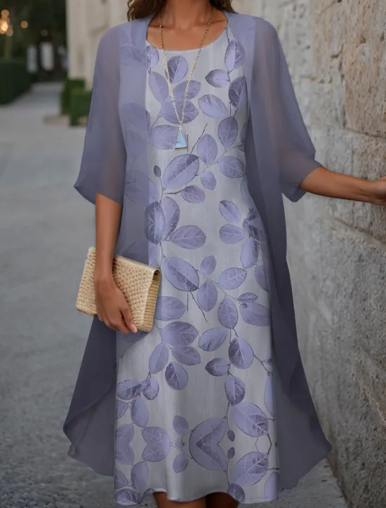 Hot Women's Graduation Dress Midi Dress Two Piece Dress Set Wedding Guest Cocktail Dress Floral Chiffon Casual Fashion Elegant Modern Print Spring Crew Neck Half Sleeve Loose Fit Pink Blue Purple Women Chiffon Dresses