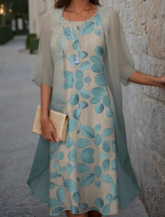 Hot Women's Graduation Dress Midi Dress Two Piece Dress Set Wedding Guest Cocktail Dress Floral Chiffon Casual Fashion Elegant Modern Print Spring Crew Neck Half Sleeve Loose Fit Pink Blue Purple Women Chiffon Dresses