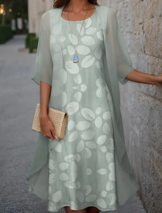 Hot Women's Graduation Dress Midi Dress Two Piece Dress Set Wedding Guest Cocktail Dress Floral Chiffon Casual Fashion Elegant Modern Print Spring Crew Neck Half Sleeve Loose Fit Pink Blue Purple Women Chiffon Dresses