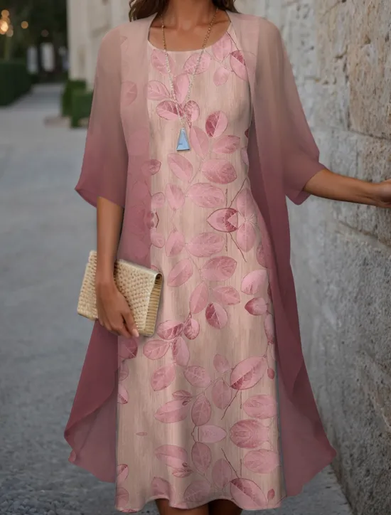 Hot Women's Graduation Dress Midi Dress Two Piece Dress Set Wedding Guest Cocktail Dress Floral Chiffon Casual Fashion Elegant Modern Print Spring Crew Neck Half Sleeve Loose Fit Pink Blue Purple Women Chiffon Dresses