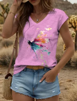 Outlet Women's Graphic Animal Butterfly Camisole Tank Top Vintage Tropical Stylish Sleeveless Short Sleeve V Neck Regular Tops Daily Print Black White Yellow Pink Blue Summer Spring Women Tank Tops & Camis