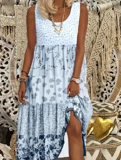 Online Women's Graphic Print Crew Neck Midi Dress Bohemia Casual Home Date Sleeveless Summer Women Casual Dress