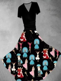 Best Women's Graphic Print V Neck Midi Dress Vintage Home Daily Short Sleeve Summer Women Cocktail Dress