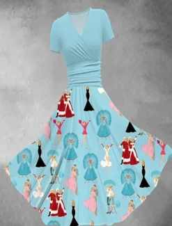 Best Women's Graphic Print V Neck Midi Dress Vintage Home Daily Short Sleeve Summer Women Cocktail Dress