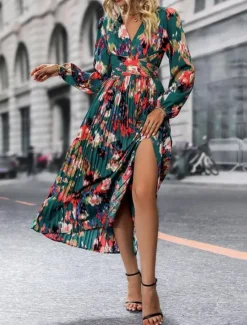 Online Women's Graphic Print V Neck Long Dress Maxi Dress Long Sleeve Spring Fall Women Spring Dresses