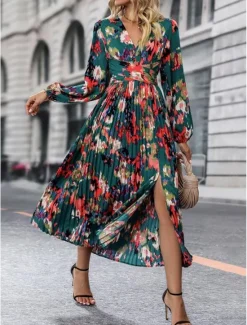 Online Women's Graphic Print V Neck Long Dress Maxi Dress Long Sleeve Spring Fall Women Spring Dresses