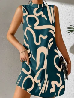 Discount Women's Graphic Stand Collar Mini Dress Sleeveless Summer Women Work Dresses