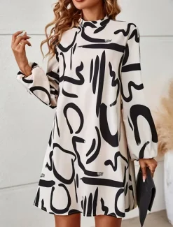 Sale Women's Graphic Turtleneck Mini Dress Long Sleeve Summer Spring Women Work Dresses