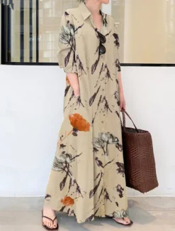 Discount Women's Green Apricot Summer Spring Maxi long Dress Cotton Linen Dresses Shirt Dress Casual Dress Modern Style Daily Weekend Loose Fit Floral Shirt Collar Women Dresses