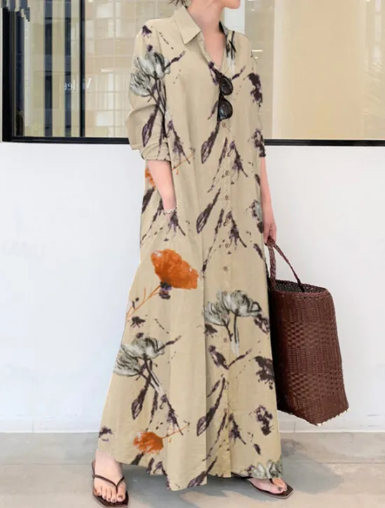 Discount Women's Green Apricot Summer Spring Maxi long Dress Cotton Linen Dresses Shirt Dress Casual Dress Modern Style Daily Weekend Loose Fit Floral Shirt Collar Women Dresses